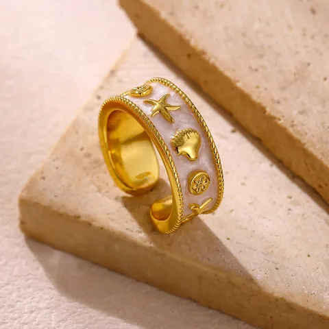 Vergoldeter Kupfer Seestern Muschel Offener Ring Retro Emaille Ozean Strand Urlaub Verstellbarer Ring Für Damen Schmuck Geschenk
