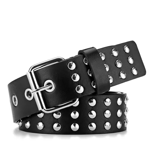 Punk Style Women Men Black PU Leather Belt Double Prong Buckle Metal Rivets Jeans Casual Waist Belt Fashion Accessories