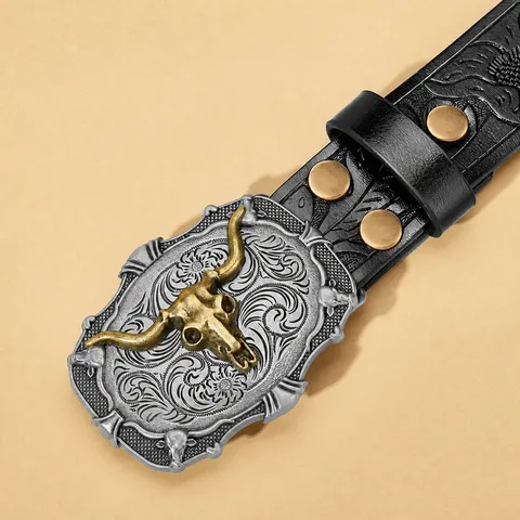 Western Cowboy Bull Head Buckle Vintage Punk PU Leather Belt For Men Women Casual Fashion Waistband