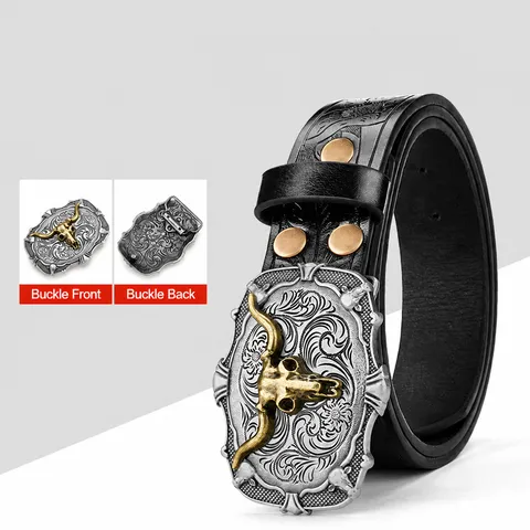 Western Cowboy Bull Head Buckle Vintage Punk PU Leather Belt For Men Women Casual Fashion Waistband