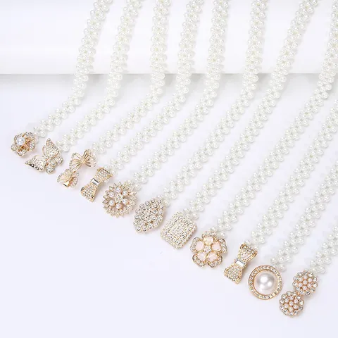 Women Fashion Artificial Pearl Rhinestone Waist Belt Sweet Dress Sweater Decorative Elastic Waist Chain Jewelry