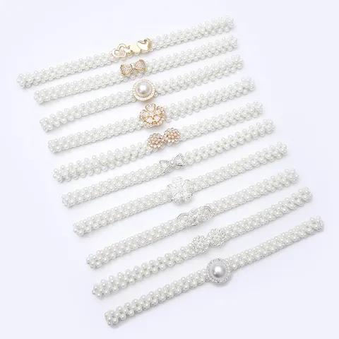 Women Fashion Artificial Pearl Rhinestone Waist Belt Sweet Dress Sweater Decorative Elastic Waist Chain Jewelry