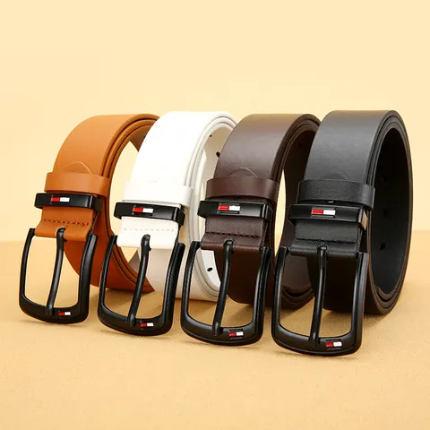 Men Faux Leather Casual Belt Fashion Pin Buckle Waistband With Classic Stripe Design For Jeans Daily Wear