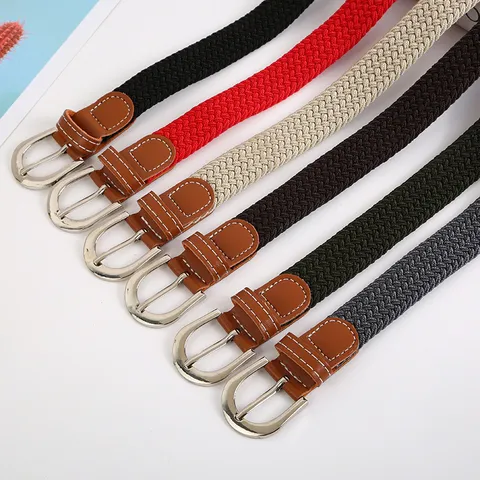 Unisex Elastic Woven Belt Casual Stretch Braided Canvas Belt Metal Pin Buckle Adjustable Pants Waistband Accessories
