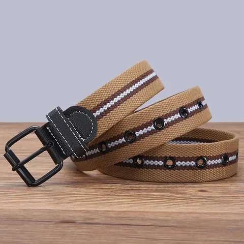 Men Casual Canvas Belt Woven Stripe Waistband With Iron Pin Buckle Metal Eyelets Fashion Daily Accessories
