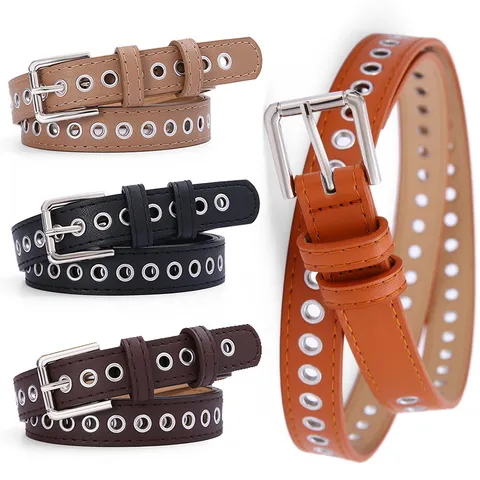 Women Fashion PU Leather Belt Metal Eyelet Punch Free Casual Versatile Cutout Decorative Waist Belt