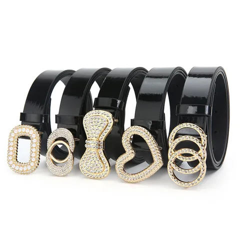 Women Fashion Faux Leather Belt Alloy Rhinestone Pearl Buckle Casual Dress Jeans Waist Belt Accessory