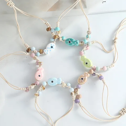 Jingdezhen Ceramic Bracelet Cute Cartoon Animal Fish Conch Cat Porcelain Bead Handwoven Adjustable Fashion Jewelry Gift