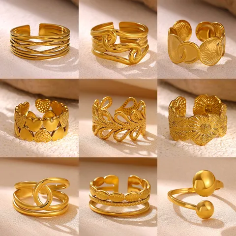 Minimalistische 304 Roestvrij Staal Vergulde Open Ring Voor Dames Brede Band Geometrische Lijnen Hartvormige Verstelbare Ring Sieraden