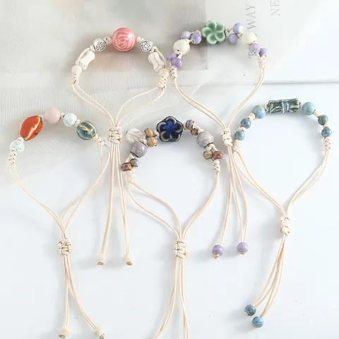 Handmade Jingdezhen Ceramic Bead Bracelet Artistic Chinese Style Floral Charm Bracelet Jewelry Gift For Women