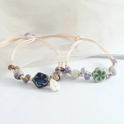Handmade Jingdezhen Ceramic Bead Bracelet Artistic Chinese Style Floral Charm Bracelet Jewelry Gift For Women