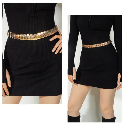Women Retro Elastic Metal Fish Scale Disc Waist Belt Wide Stretch Waistband Dress Suit Accessories