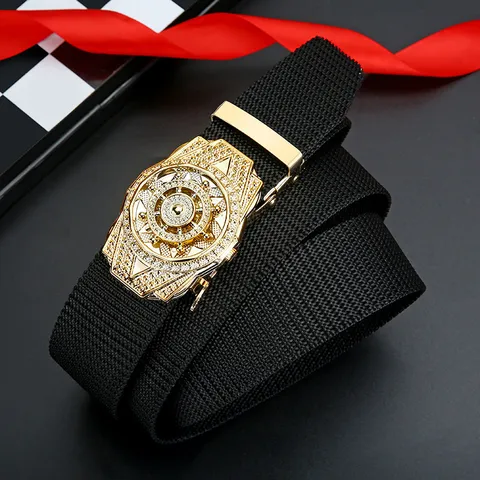 Unisex Tactical Canvas Belt Automatic Buckle Alloy Metal Rotating Wheel Design Casual Fashion Waist Belt For Men Women