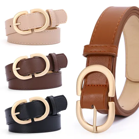 Women Casual PU Leather Belt Minimalist Smooth Waistband Fashion Metal Double Ring Buckle Dress Jeans Pants Belt
