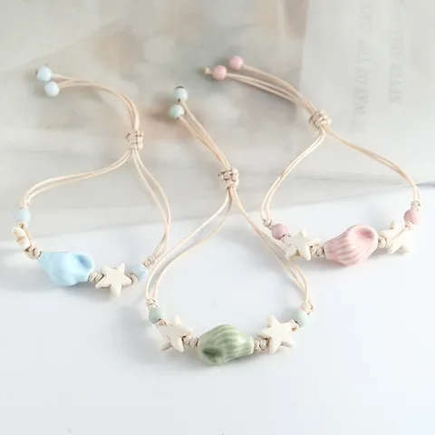 Jingdezhen Ceramic Bracelet Cute Cartoon Animal Fish Conch Cat Porcelain Bead Handwoven Adjustable Fashion Jewelry Gift