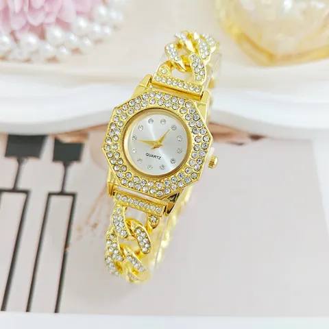 Orologio al Quarzo da Donna di Lusso con Cinturino a Maglia Cubana in Lega di Strass Quadrante Ottagonale Elegante Gioielli