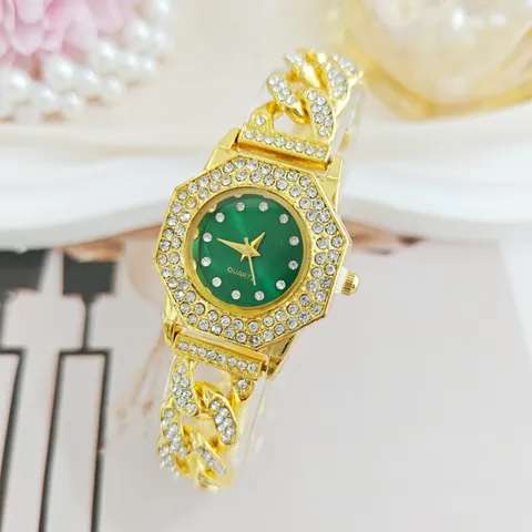 Orologio al Quarzo da Donna di Lusso con Cinturino a Maglia Cubana in Lega di Strass Quadrante Ottagonale Elegante Gioielli