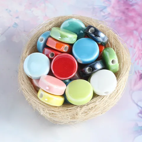 Glazed Ceramic Flat Drum Loose Beads DIY Handmade Bracelet Necklace Jewelry Making Accessories Assorted Colors