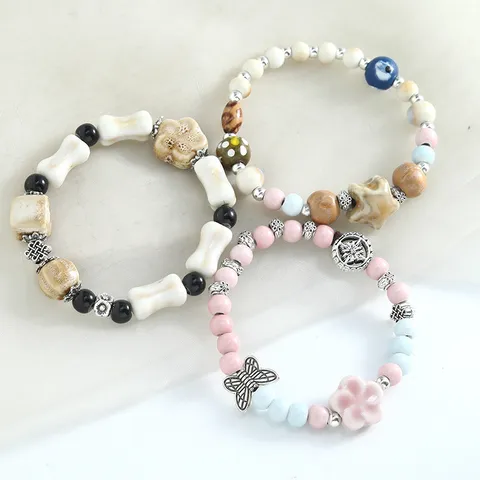 New Chinese Style Ceramic Beaded Bracelet Handmade Ethnic Ceramic Beads Elastic Rope Bracelet Jewelry Gift For Women