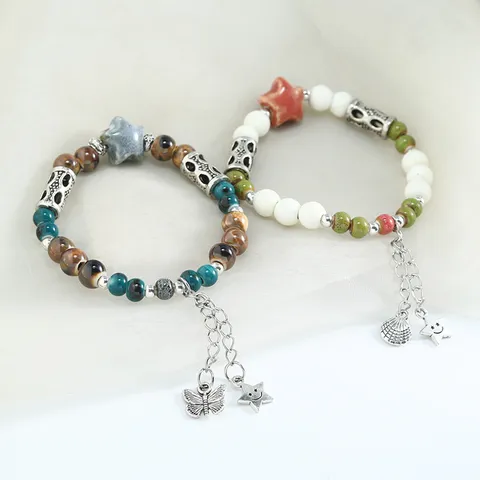 New Chinese Style Ceramic Beaded Bracelet Handmade Ethnic Ceramic Beads Elastic Rope Bracelet Jewelry Gift For Women