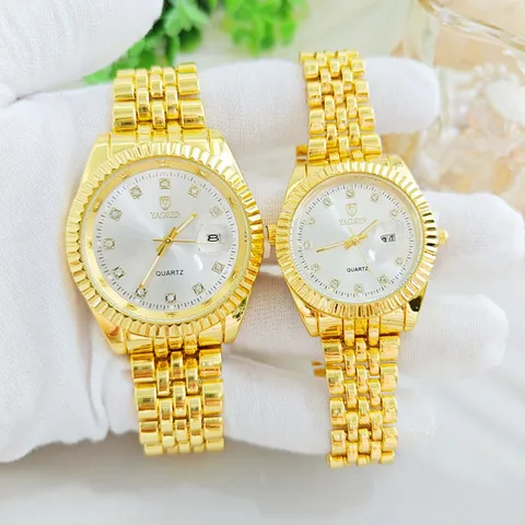 Fashion Alloy Metal Steel Band Quartz Watch For Men Women Rhinestone Calendar Display Round Dial Couple Matching Wristwatch Gift