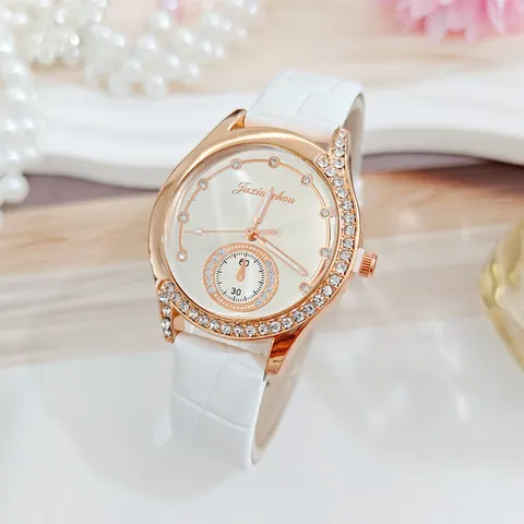 Fashion Elegant Alloy Rhinestone Women Watch Leather Band Round Pointer Quartz Wristwatch Ladies Casual Dress Clock Jewelry Gift