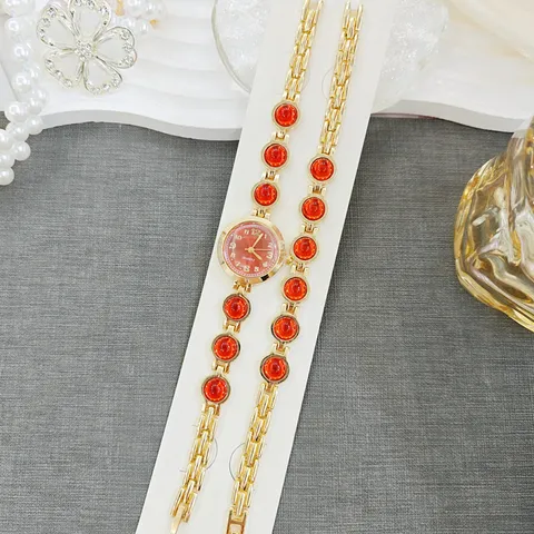 Luxury Women Bracelet Watch Set Fashion Gold Alloy Rhinestone Quartz Watch With Matching Bracelet Elegant Ladies Jewelry Gift
