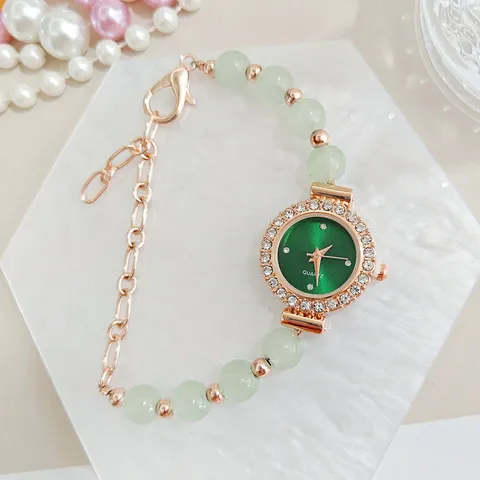 Women's Fashion Rhinestone Inlaid Bracelet Watch Luxury Alloy Quartz Wristwatch With Synthetic Jade Beads For Ladies Elegant Jewelry Gift