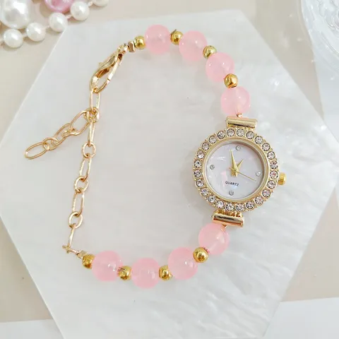Women's Fashion Rhinestone Inlaid Bracelet Watch Luxury Alloy Quartz Wristwatch With Synthetic Jade Beads For Ladies Elegant Jewelry Gift