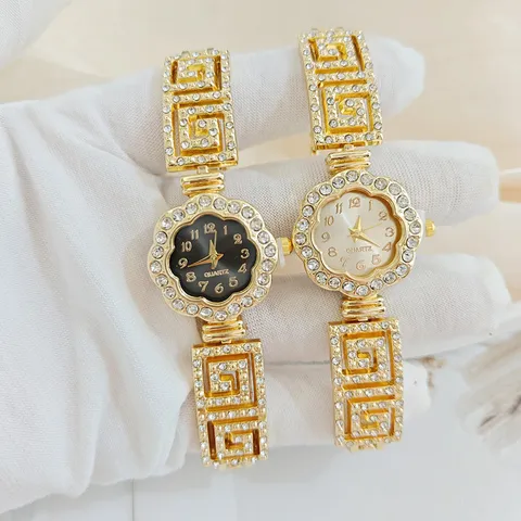 Montre-Bracelet de Luxe en Alliage Strass Fleur pour Femmes Mode Élégante Clé Grecque Chaîne Montre à Quartz Brillante Bijoux Cadeau