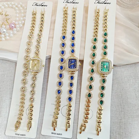 Luxus Mode Strass Quadratische Uhr Und Armband Set Für Damen Gold Legierung Quarz Armbanduhr Mit Edelstein Akzenten