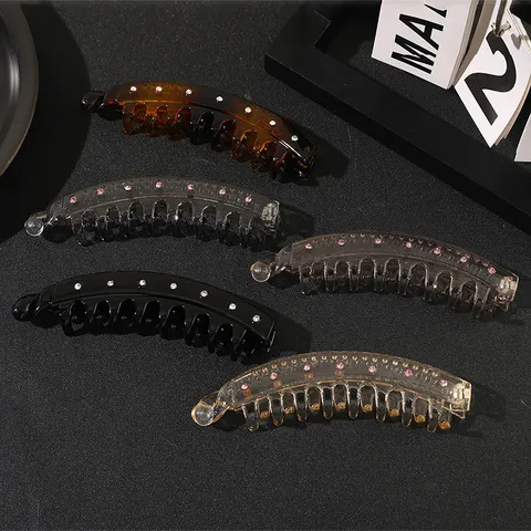 Glossy Plastic Banana Clip Rhinestone Elegant Ponytail Holder Hair Claw For Women Daily Hair Styling