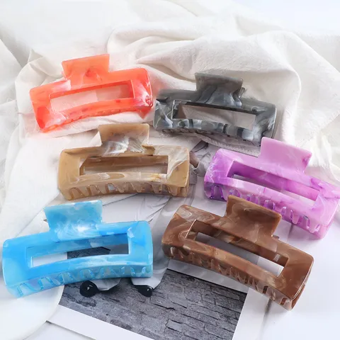 Korean Retro Large Square Plastic Hair Claw Geometric Marble Pattern Shark Clip For Women Daily Hair Accessories