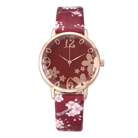 Fashion Women Quartz Watch Faux Leather Band Alloy Case Floral Printed Dial Elegant Wristwatch For Daily Gift Giving