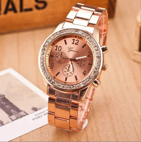 Genfer Stil Mode Damen Quarzuhr Edelstahl Strass Zifferblatt Luxus Analog Armbanduhr Gold Silber Roségold Dress Watch