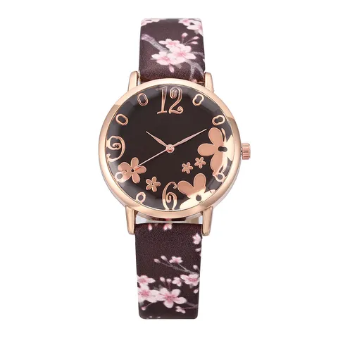 Fashion Women Quartz Watch Faux Leather Band Alloy Case Floral Printed Dial Elegant Wristwatch For Daily Gift Giving