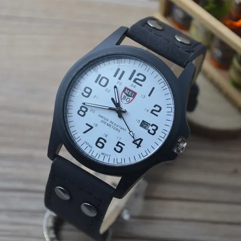 Men Sport Military Quartz Watch Frosted Case Matte Metal Faux Leather Strap Rivet Calendar Dial Casual Retro Wristwatch