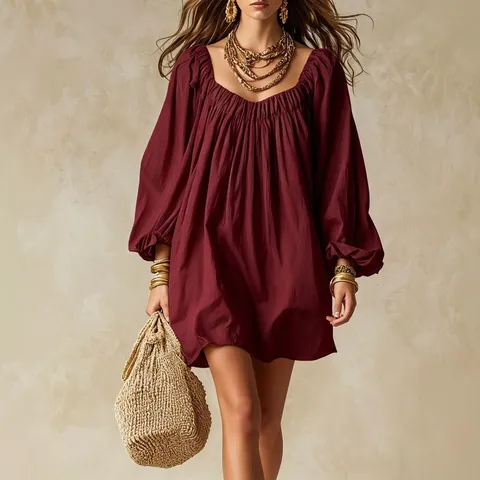 Robe Mini Ample Unie Manches Longues Lanterne Col Carré Décontractée pour Femmes Robe de Vacances Élégante