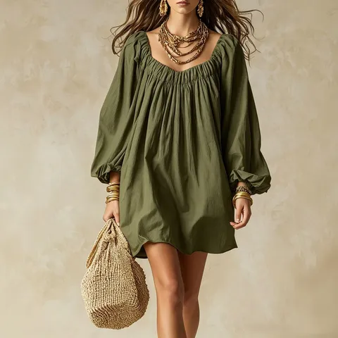 Robe Mini Ample Unie Manches Longues Lanterne Col Carré Décontractée pour Femmes Robe de Vacances Élégante