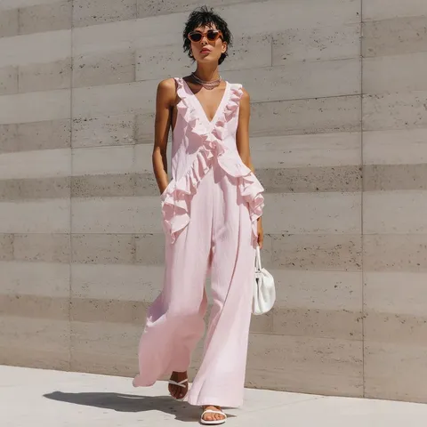 Women's Summer Sleeveless V-Neck Ruffle Jumpsuit Bohemian Solid Color Wide Leg Long Pant Set For Vacation Beach Wear