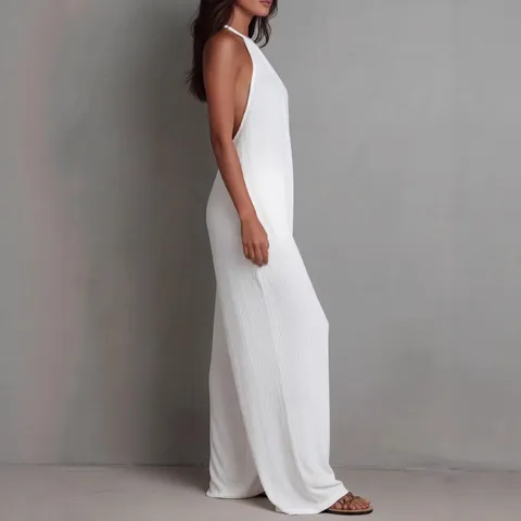 Women's Sexy Backless Halter Neck Pleated Jumpsuit Wide Leg Loose Romper Elegant Sleeveless Solid Color Jumpsuit For Vacation Summer Beach Wear