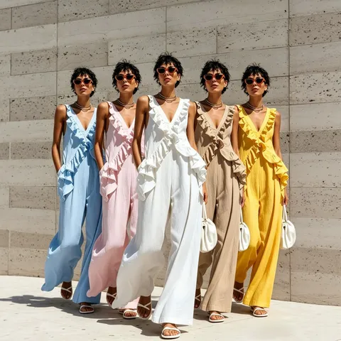 Women's Summer Sleeveless V-Neck Ruffle Jumpsuit Bohemian Solid Color Wide Leg Long Pant Set For Vacation Beach Wear
