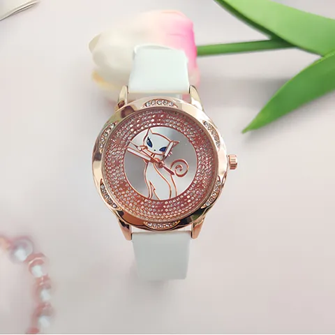 Moda Casual Lega Similpelle Strass Orologio Cartone Animato Gatto Orologio al Quarzo Elegante Decorazione in Strass Lancetta Rotondo Orologio da Polso per Donna Studenti