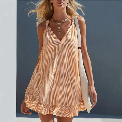 Women Stripe Ruffle Sleeveless V Neck Camisole Mini Dress Summer Beach Vacation Resort Wear Polyester Spandex Dress