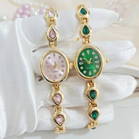 Fashion Alloy Rhinestone Women Watch Luxury Oval Pointer Quartz Bracelet Wristwatch Waterdrop Inlaid Delicate Ladies Jewelry Gift Watch