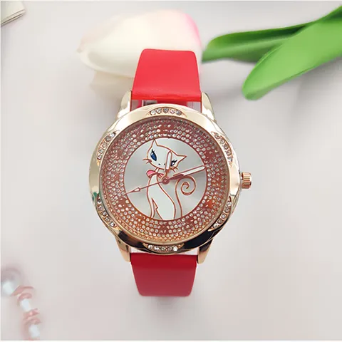 Moda Casual Lega Similpelle Strass Orologio Cartone Animato Gatto Orologio al Quarzo Elegante Decorazione in Strass Lancetta Rotondo Orologio da Polso per Donna Studenti
