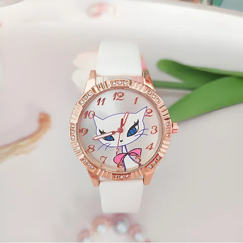 Orologio da Donna al Quarzo con Gatto dei Cartoni Animati Similpelle Cinturino in Lega Strass Orologio Analogico da Polso per Studenti