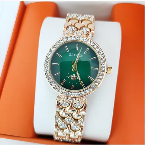 Montre Femme Quartz Mode Alliage Lunette Strass Texture Ecaille Bracelet Metal Analogique Rond Montre Bracelet Elegante Bijoux