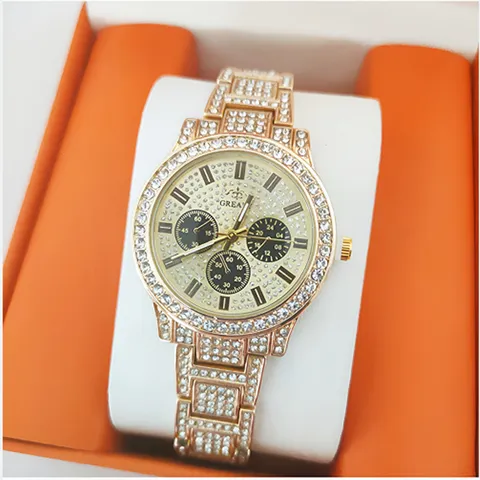 Luxe Legering Volledige Strass Kwartshorloge Voor Mannen Vrouwen Mode Chrono Stijl Iced Out Ingelegd Glanzend Diamant Look Metalen Band Casual Polshorloge Cadeau