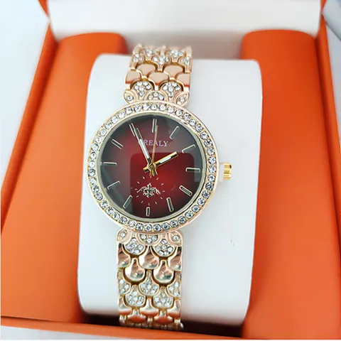 Montre Femme Quartz Mode Alliage Lunette Strass Texture Ecaille Bracelet Metal Analogique Rond Montre Bracelet Elegante Bijoux